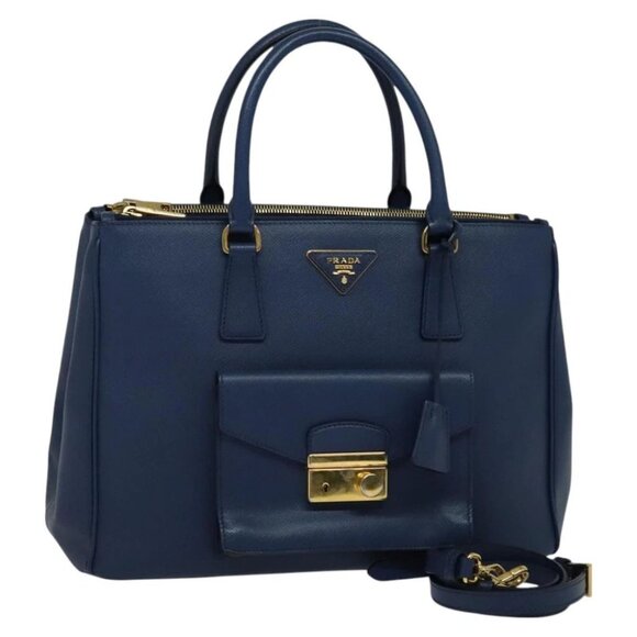 PRADA Hand Bag Safiano leather 2way Blue Gold Auth 125760 - Picture 1 of 14
